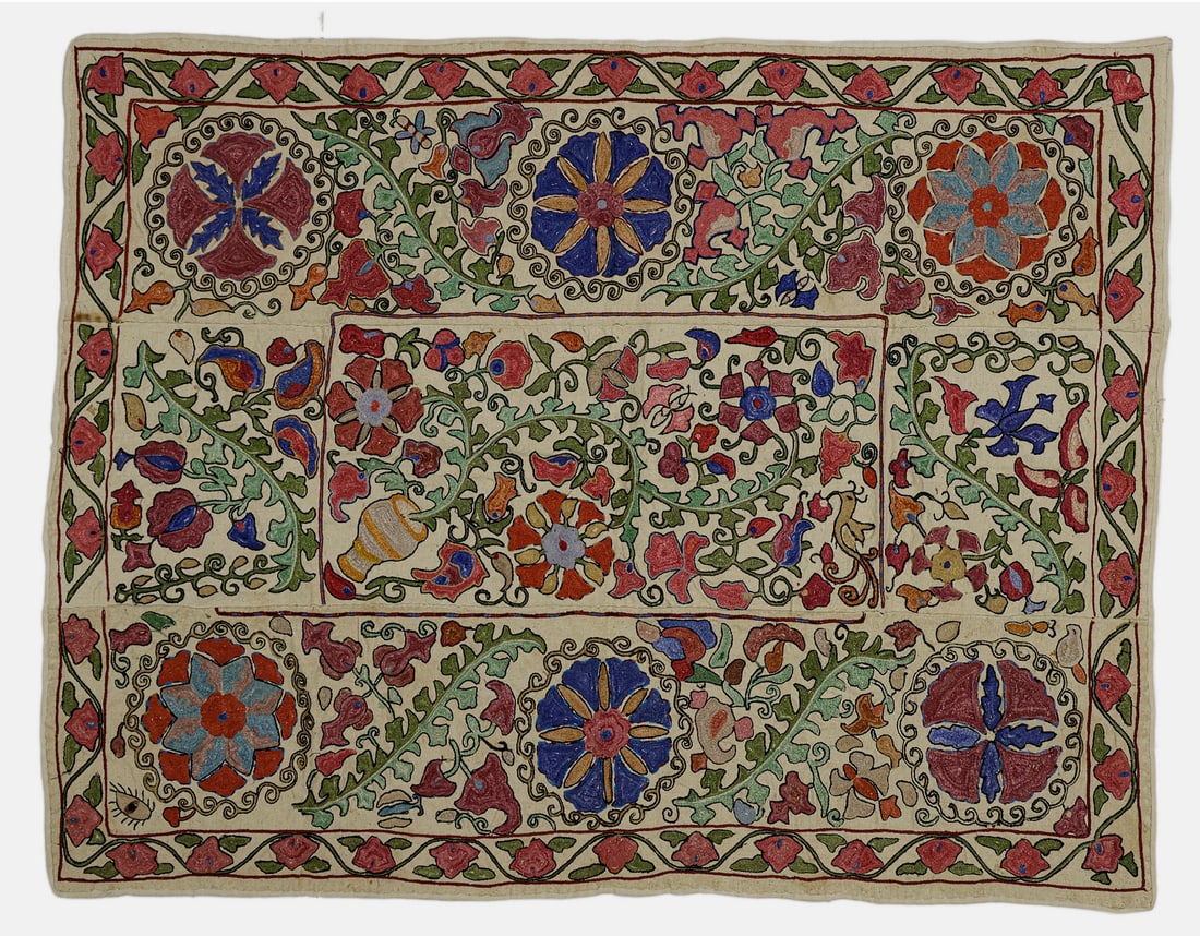 Bukharan Suzani: Bukharan Suzani, light-colored ground. Decorated with embroidered floral motifs, with a checkered lining. Dimensions: 110X85 cm.