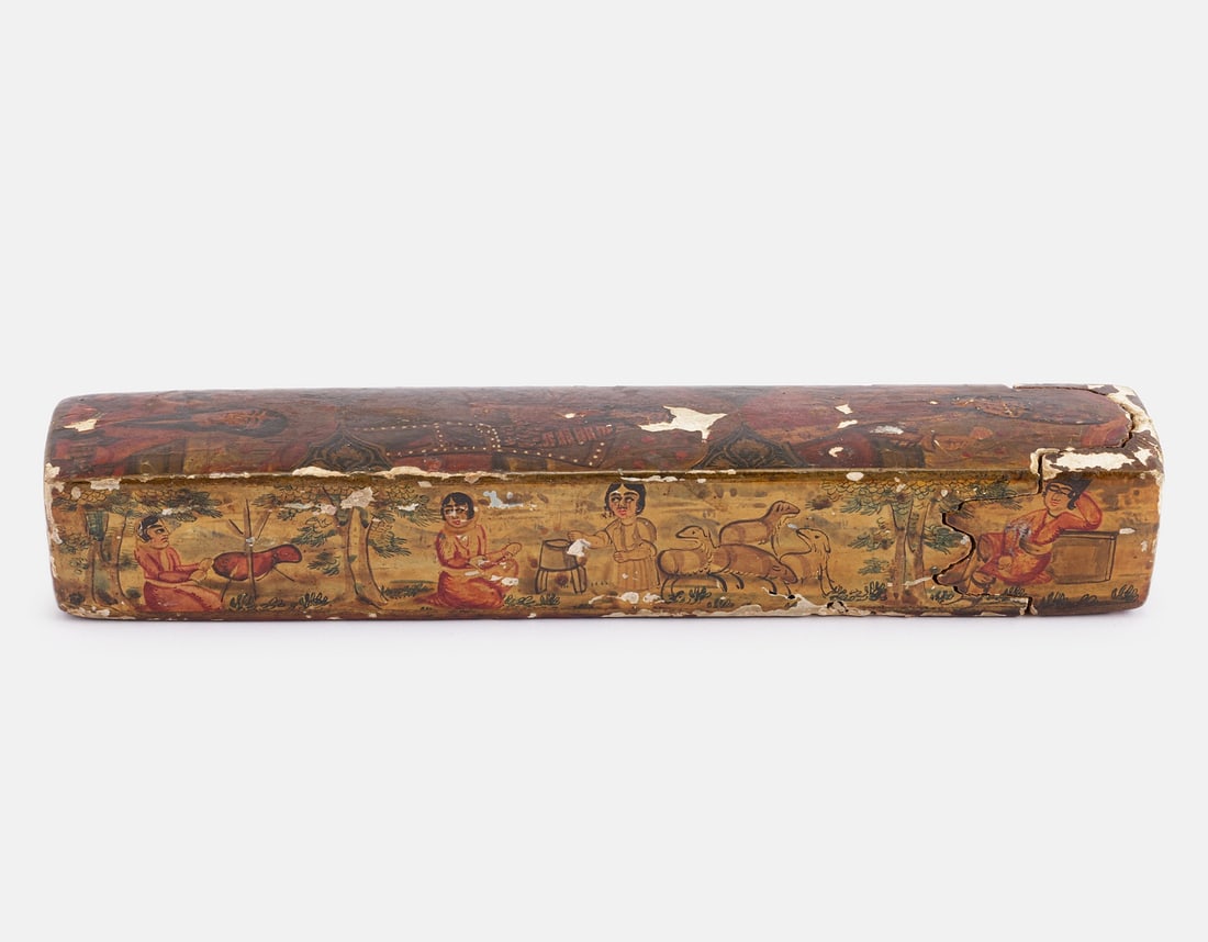 Persian Qajar Qalamdan: Fine 19th century (Qajar) Persian qalamdan made of lacquered wood. Decorated with paintings of figures, animals and floral motifs. Dimensions: 22.5X3.5X4.5 cm. Flaws.