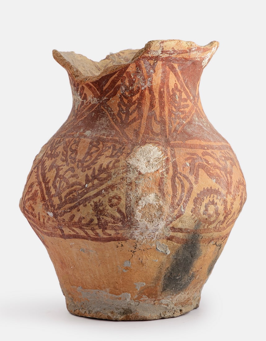Palestinian Pottery Jar: Palestinian pottery jar, painted with geometric motifs. Height: 40 cm. Max. diameter: approx. 30 cm. Upper opening diameter: 25 cm. Flaws, wear to the decoration, broken upper section, all four