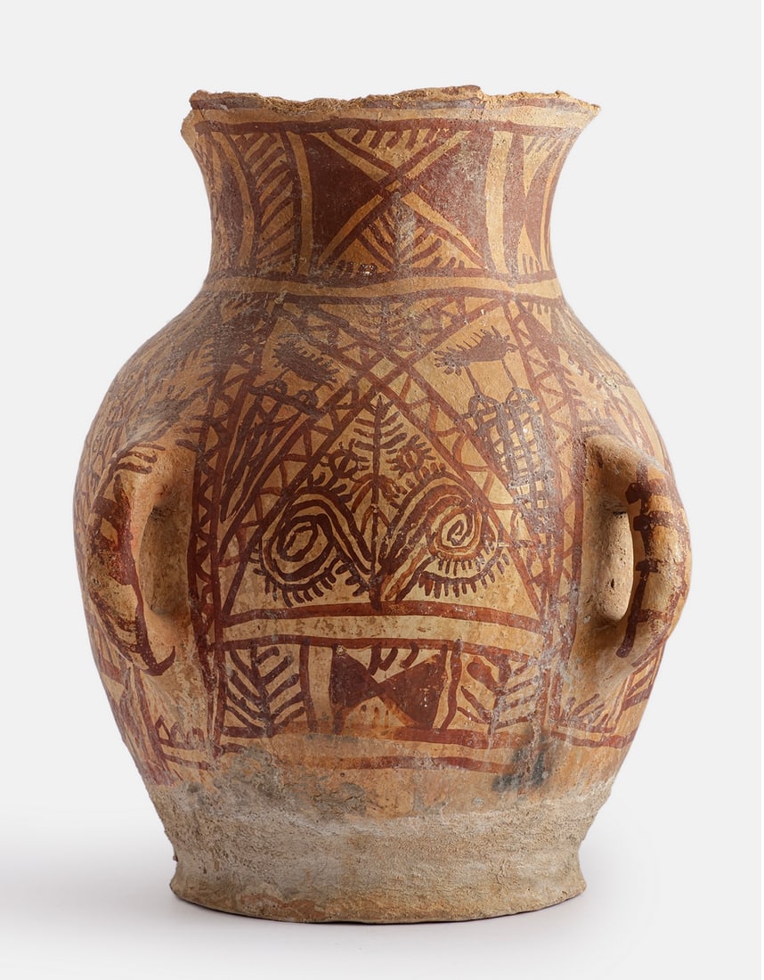 Palestinian Pottery Jar: Palestinian pottery jar, painted with geometric motifs. Height: 41 cm. Max. diameter: approx. 36 cm. Upper opening diameter: 23 cm. Flaws, wear to the decoration, broken upper section, one broken