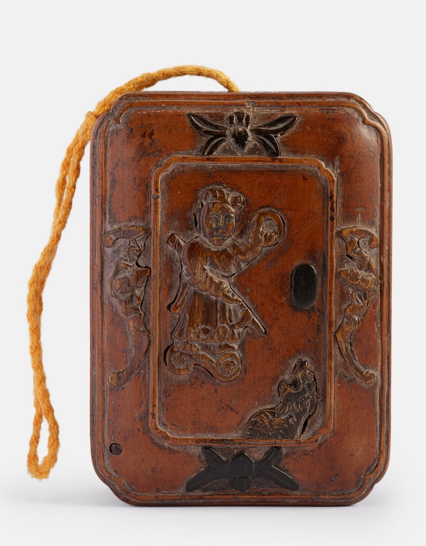 Japanese Wooden Inro: Japanese wooden inro, 19th century. Decorated with carving and inlay depicting warriors and floral motifs. Dimensions: 10X3.5X7 cm.