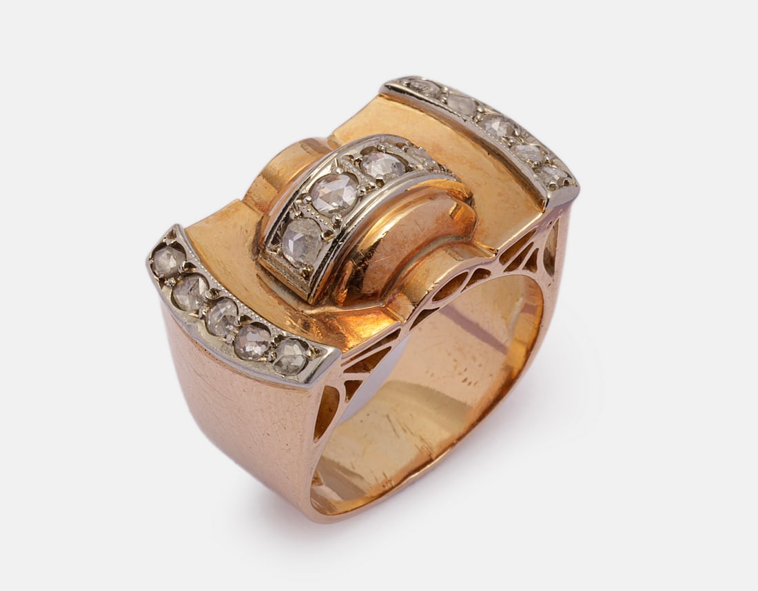 Gold & Rose-cut Diamonds Tank Ring: 18K Gold Tank Ring, set with roses. Size: 4 US, Weight: 7.8 g. Hallmarked.