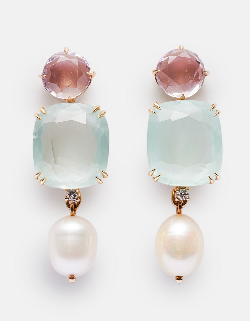 H. Stern Gold Earrings: Pair of 18K gold earrings by H. Stern, from the Cobblestones series, set with crystals, pearls, and diamonds weighing approximately 2 points in each earring. Length: 44 mm. Total weight: 17.16 grams. 
