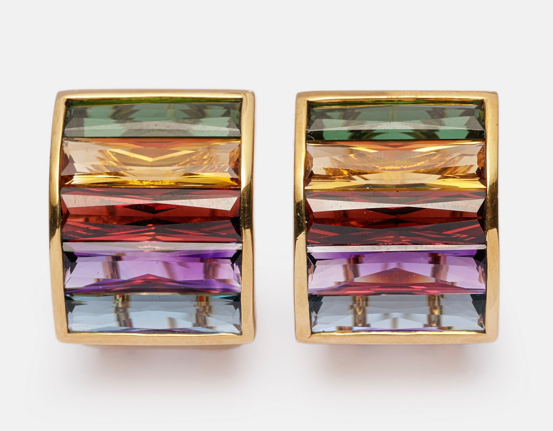 H. Stern Rainbow Gold Earrings: Pair of 18K gold earrings by H. Stern, Rainbow design, set with various gemstones. Length: 19 mm. Total weight: 14.7 grams. Hallmarked.