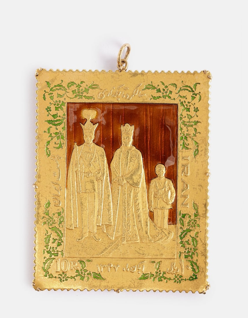 Gold Pendant, Persian Medal: 18K gold pendant set with a 900 gold Persian medal shaped as a 10R stamp, the Pahlavi royal family from the coronation of Muhammad Reza Shah. Dimensions: 65X51 mm. Weight: 53.8 grams. The medal is