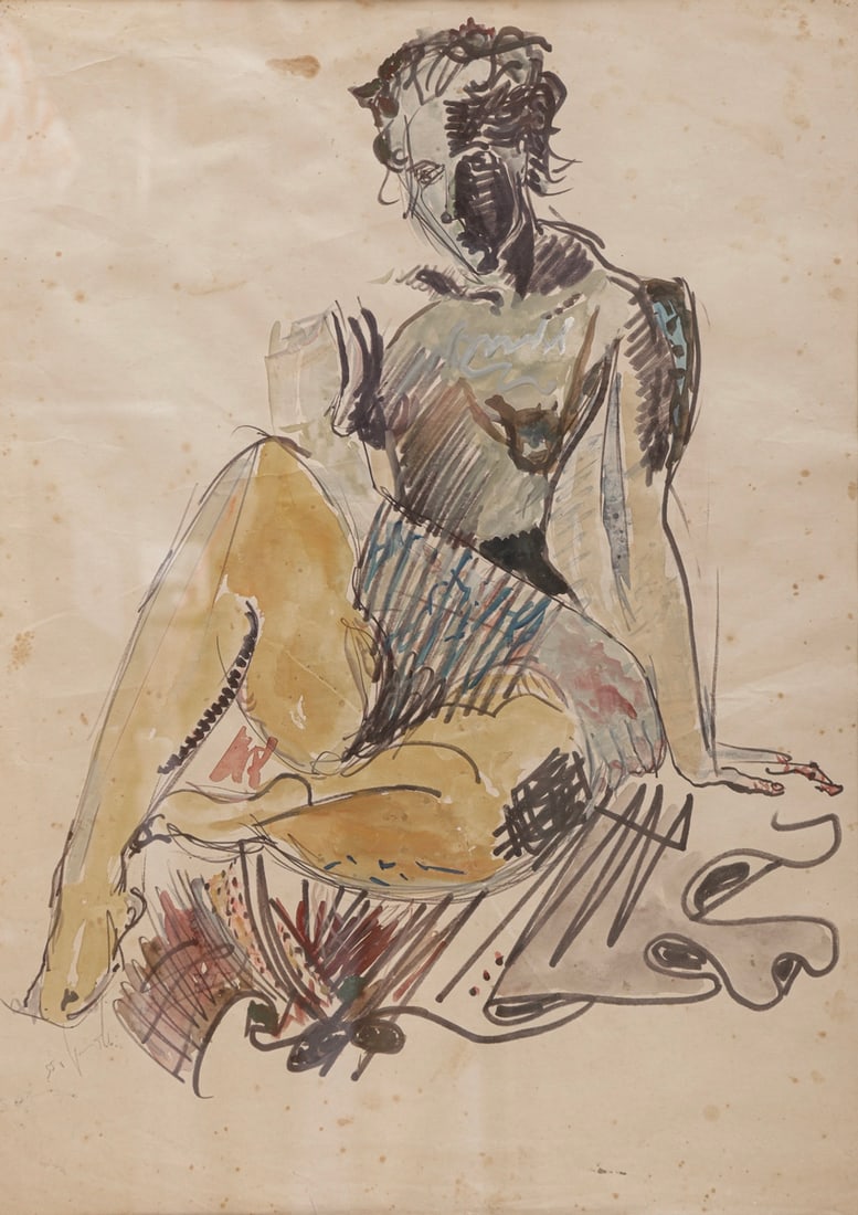 Yehezkel Streichman (1906–1993): Yehezkel Streichman (1906–1993), Portrait of Tzila Binder, 1955, watercolors on paper, painting dimensions: 68X48 cm, frame dimensions: 89X69 cm, signed and dated. Minor flaws (stains).