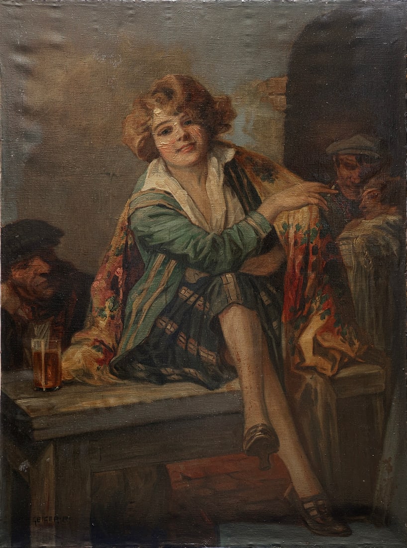 Richard Geiger (1870 - 1945): Richard Geiger (1870 - 1945), Woman with a Cigarette, oil on canvas, 100X75 cm, signed.