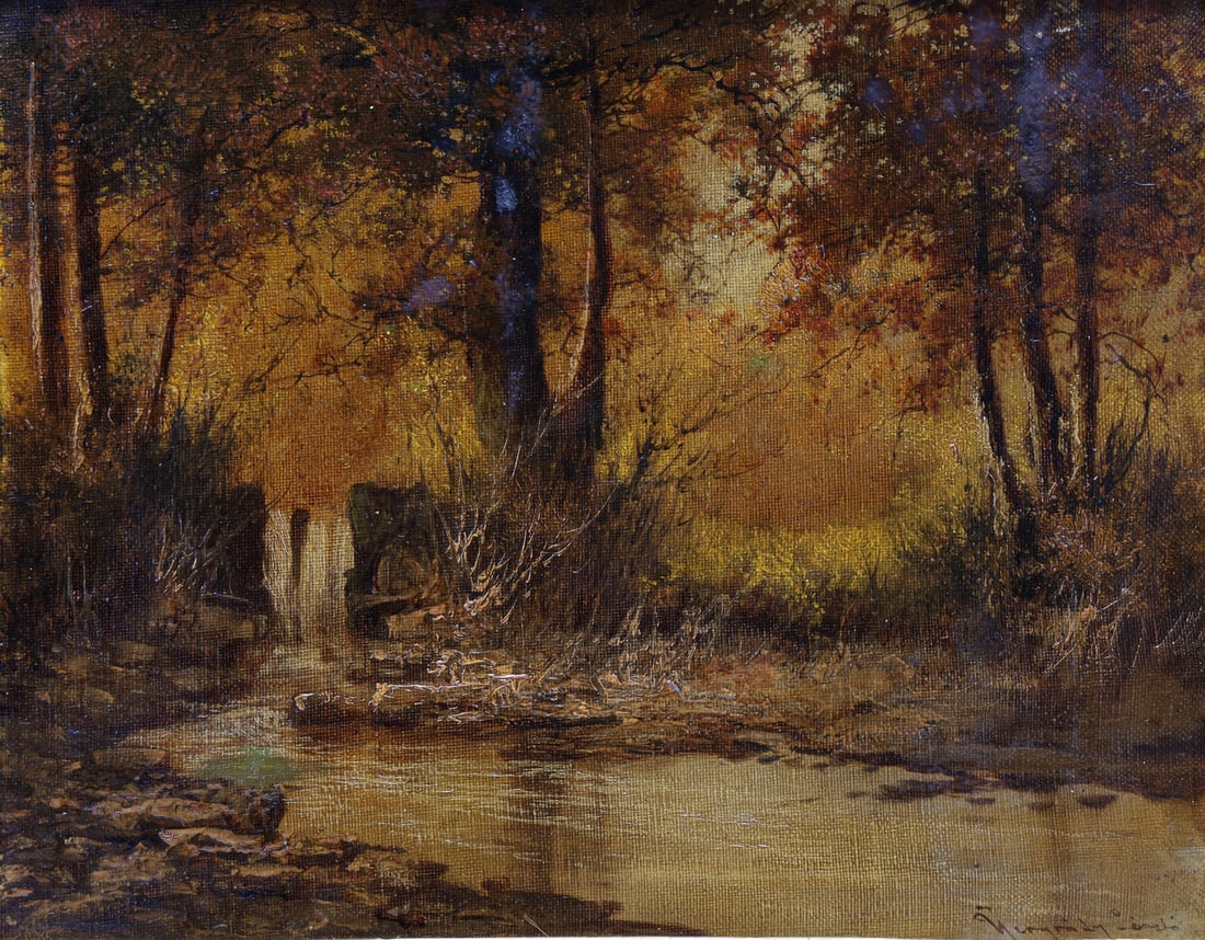 Oil Painting, Trees and River: Unidentified artist, Trees and River, oil on canvas, set in a gilt wooden frame, painting dimensions: 38X48 cm, frame dimensions: 61X71 cm, signed. Old repair.