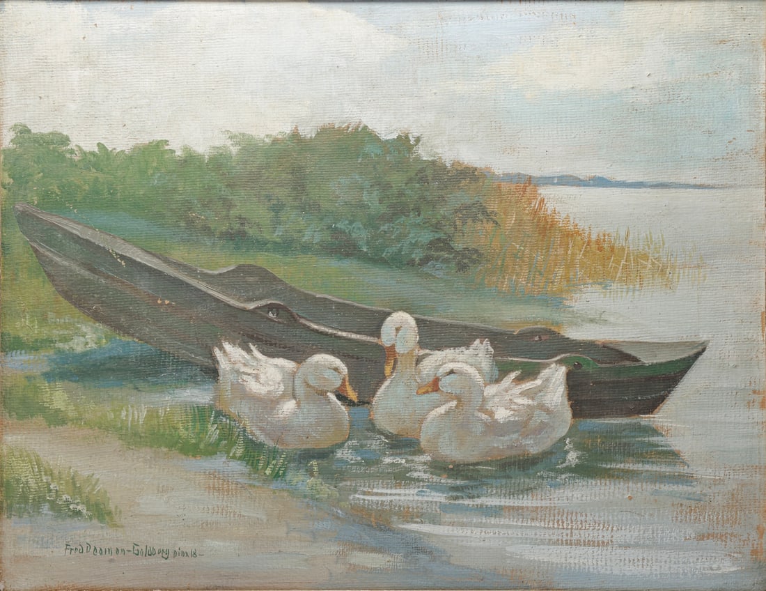 Oil Painting, Ducks and a Boat on a Lake: Unidentified artist, Ducks and a Boat on a Lake, oil on Masonite, painting dimensions: 46X59 cm, frame dimensions: 54X67 cm, signed. Minor flaws.