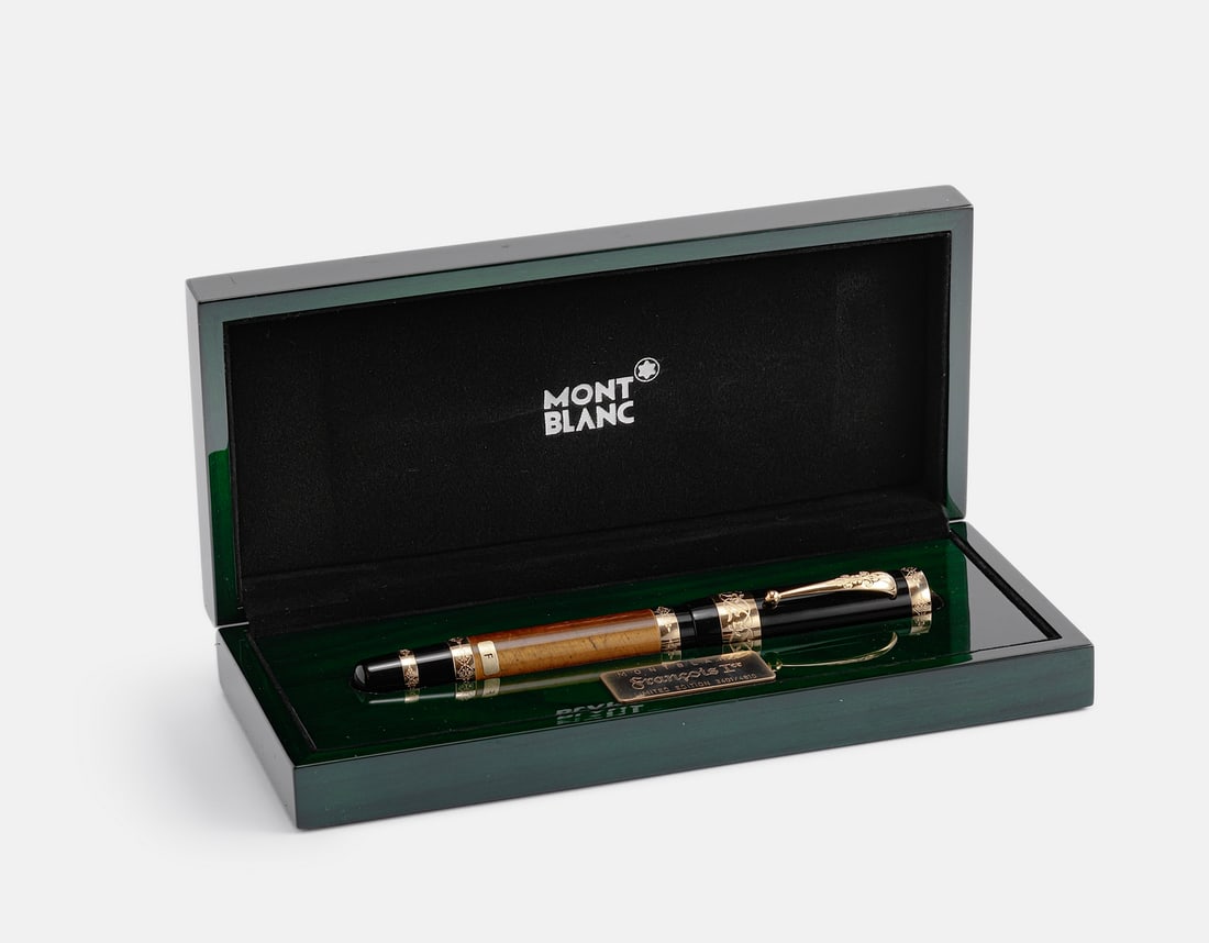 Montblanc POA Francois I LE Fountain Pen: Montblanc Francois I, Patron of Arts series, Limited edition. Size: 5.8" (14.7 cm). 18K gold nib, F. Numbered 3401/4810. Excellent condition, never inked, in original case with certificates.