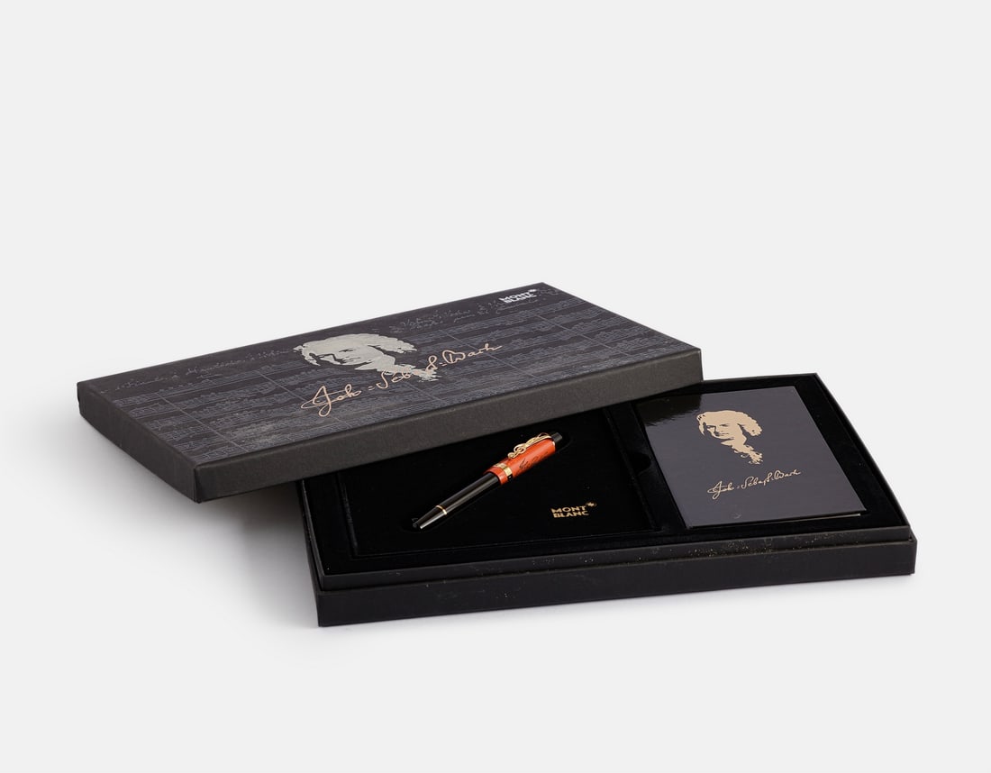 Montblanc Johann Sebastian Bach Fountain Pen, Special Edition: Montblanc special edition fountain pen, Johann Sebastian Bach. Size: 5.7" (14.4 cm). 2 toned 18K gold nib, M. Mint condition, never inked, in original case with accompanied brochures.