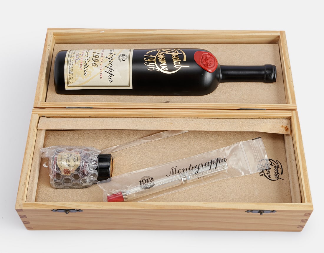 Montegrappa Special Reserve Fountain Pen, Limited Edition: Montegrappa Special Reserve Fountain Pen, Limited Edition, Numbered 0403/2388. Red Celluloid with Sterling Silver overlay. Size: 5.4" (13.7 cm), 18K gold nib, M. Excellent condition, in original box w