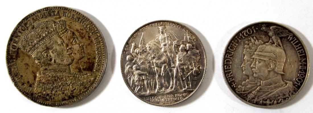 Lot of three German/Prussian silver coins: Lot of three German/Prussian silver coins including a Taler coin, coronation of Wilhelm & Augusta, 1861 and two additional German coins from 1901 and 1913.