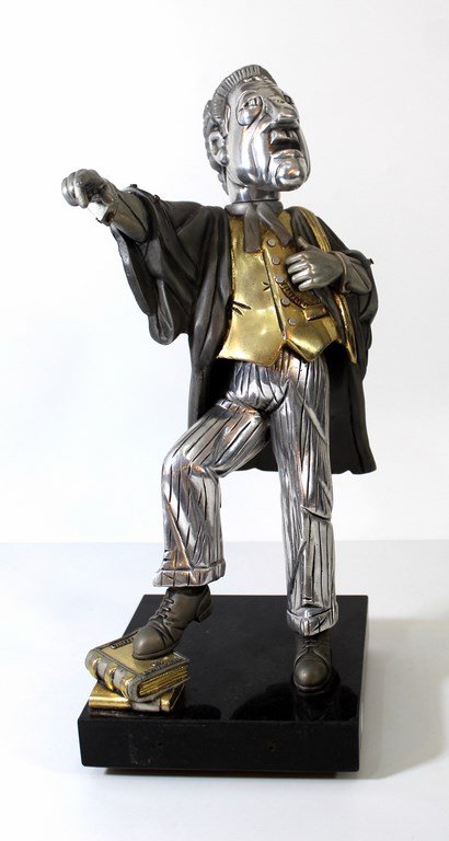 Frank Meisler (1929-), "My Learned Friend": Frank Meisler (1929-), "My Learned Friend", mixed metal sculpture, Mounted on black marble swivel base with gold tone plaque displaying the title of the work and artist's name. Total height: 35 cm. Si