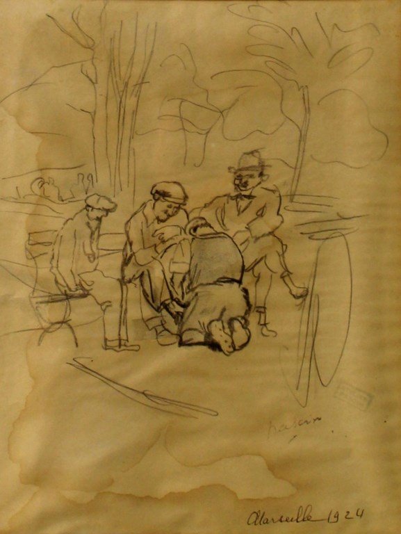 Jules Pascin (1885-1930), figures on a bench: Jules Pascin (1885-1930), figures on a bench, 1924, pencil on paper, 20x15 cm, signed, dated and described. Dampstains.