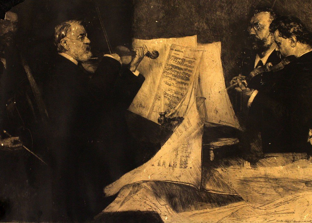 Ferdinand SCHMUTZER (1870-1928), Das Joachim Quartett: Â Ferdinand SCHMUTZER (1870-1928), Das Joachim Quartett, etching, 85X122 cm. 1904. Signed. Top left side missing,