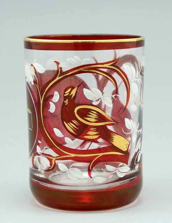 Jewish Venetian glass cup: A Venetian glass cup with the inscriptions: For Passover (in Hebrew). Hand painted with flowers and birds.