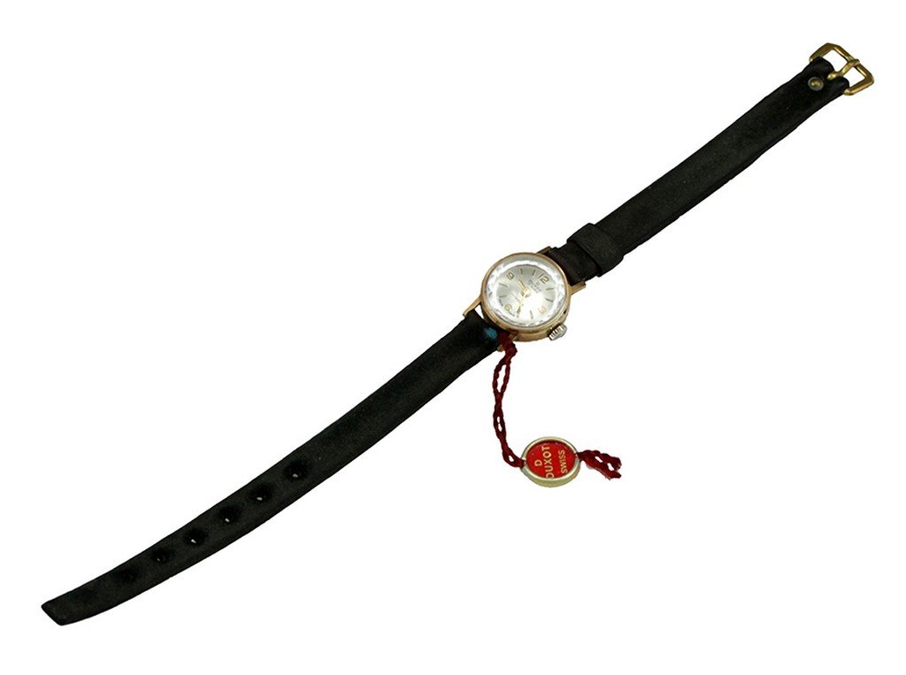 A women's 14K gold Duxot watch: A women's 14K gold Duxot watch. Original leather band (New Old Stock). In working order.