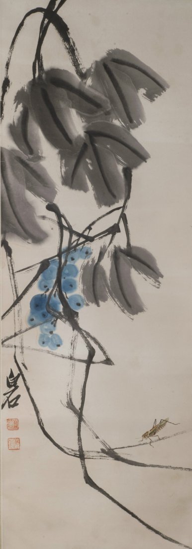Attribute To Qi Baishi | Flower&insect: Chinese Ink And Watercolor Painting, Hanging On Scroll, Described A Brunch Of Fruit With Insect, Attributed To Qibaishi(1864-1957).