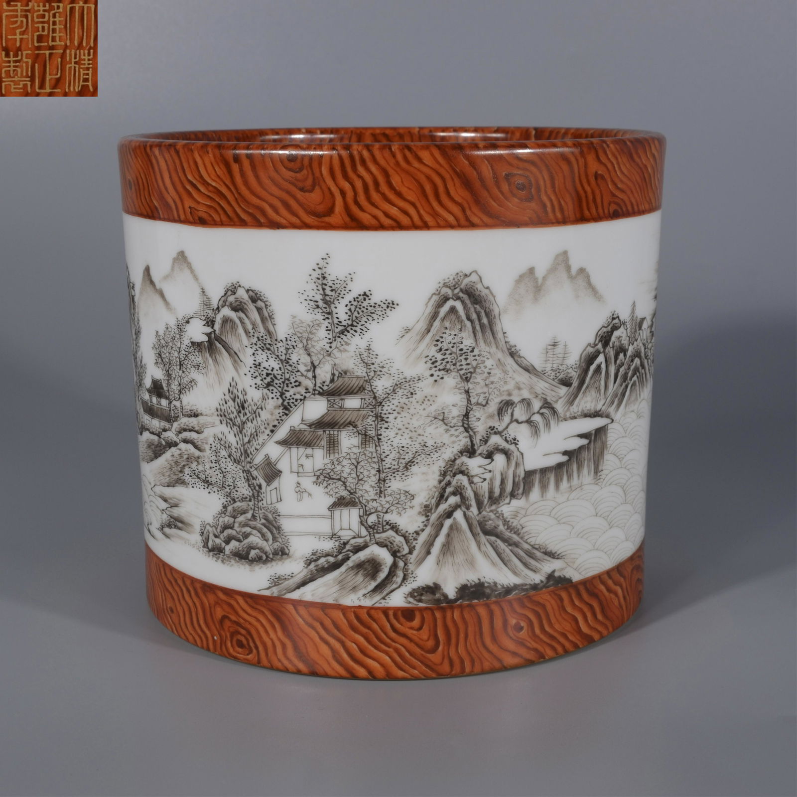 Chinese Grisaille & Faux Bois Porcelain Brush Pot (1 of 5)