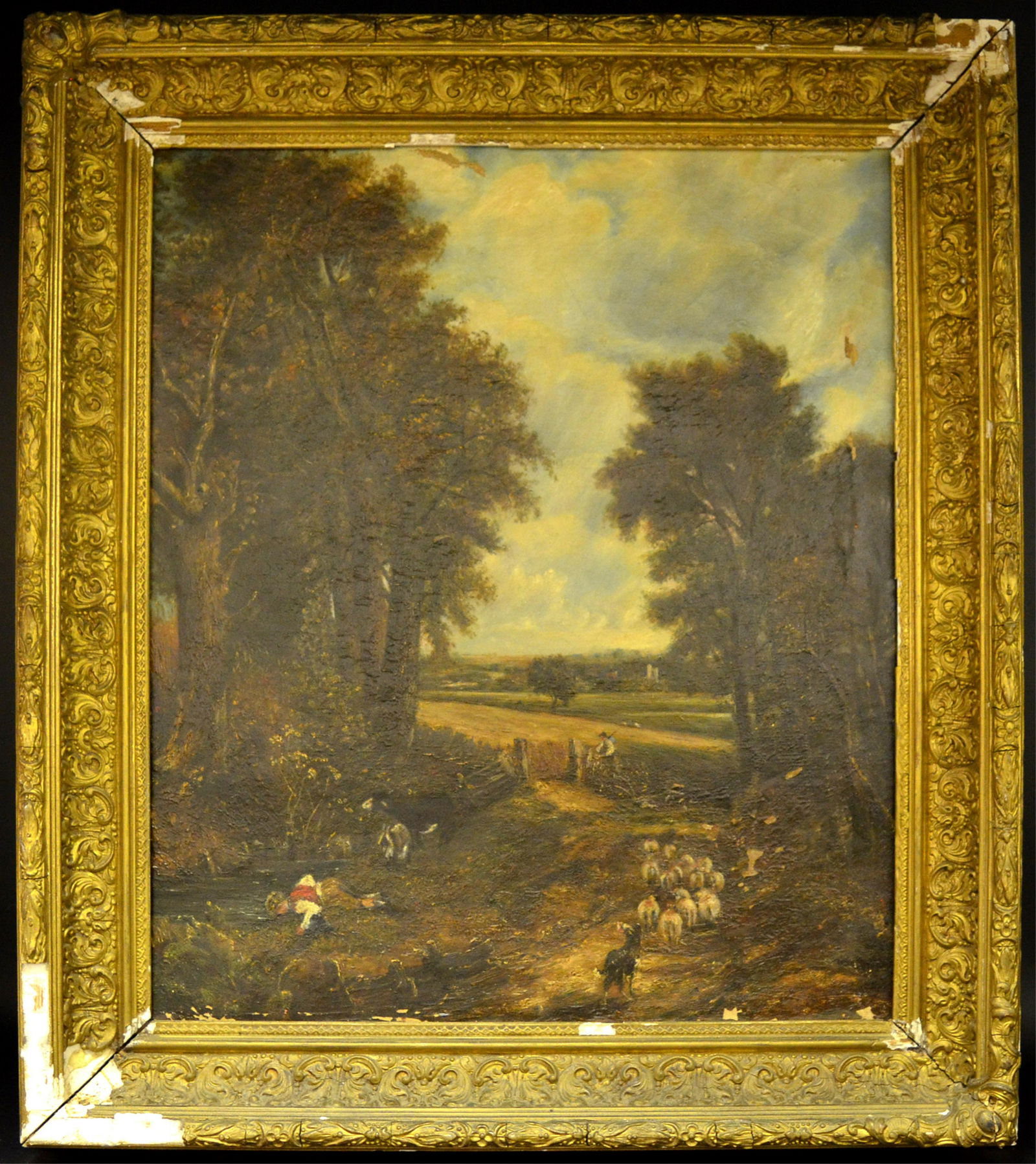 Attributed to John Constable (1776 - 1837): Attributed to John Constable (1776 - 1837). Oil on canvas in a gilt wood frame depicting a landscape and a boy drinking water. 25" x 29 1/2" 30" x 35" overall framed.