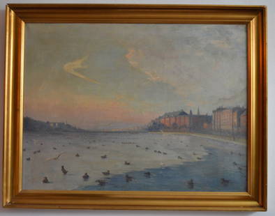 Carl Nielsen. Denmark 1888-1960 "Copenhagan Lake": Carl Nielsen. Denmark 1888-1960 "Copenhagan Lake". Oil on canvas Signed C.L.N 1934 Image: 29" x 38" Framed: 35" x 45"