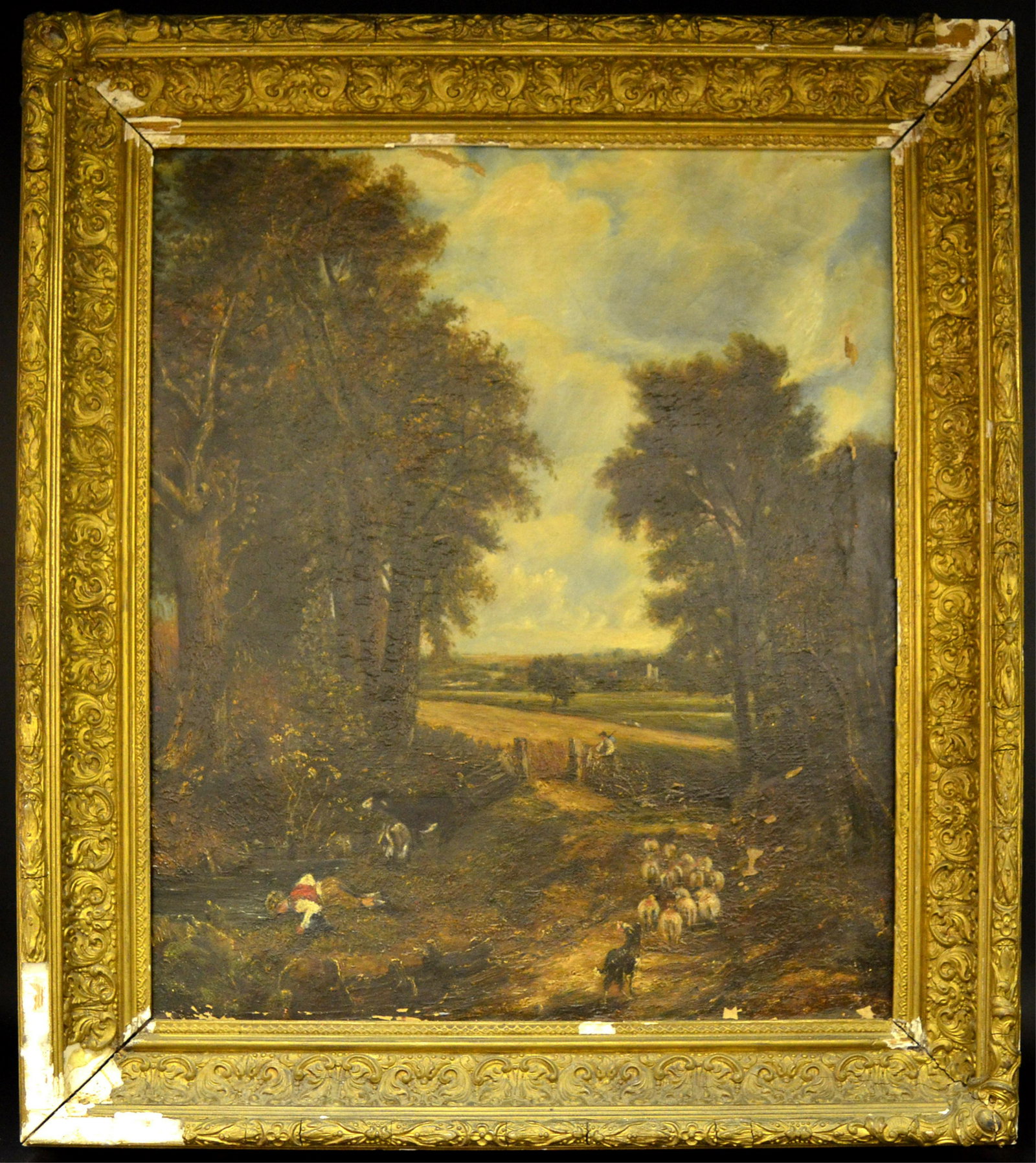 Attributed to John Constable (1776 - 1837): Attributed to John Constable (1776 - 1837). Oil on canvas in a gilt wood frame depicting a landscape and a boy drinking water. 25" x 29 1/2" 30" x 35" overall framed.