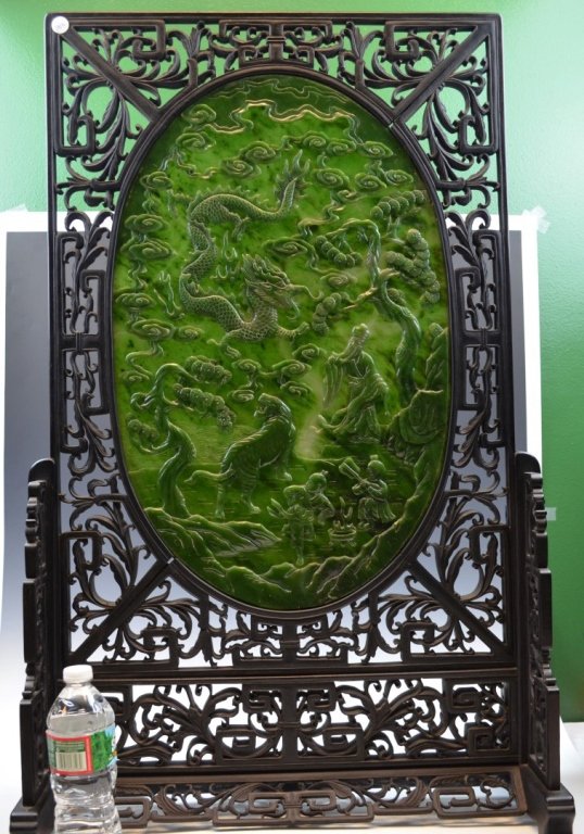 Chinese Wood Table Screen w Spinach Jade Carving: 19th Cen. Chinese wood carved table screen with carved spinach jade plaque incert on the center. 23 1/2" x14 1/2"