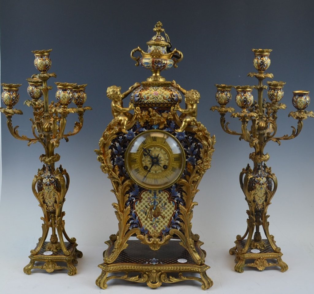 French Gold-Gilt Bronze and Enamel Clock Set (1 of 10)