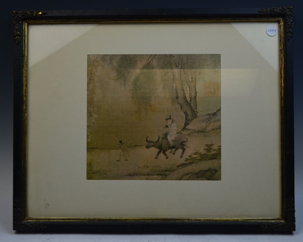 Chinese Painting: Depicted with an old man riding on the ox with a cowboy. Measures 9 in. × 8 in.