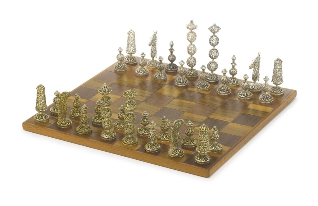 Silver, Silver-gilt and Turquoise Chess Set (1 of 9)