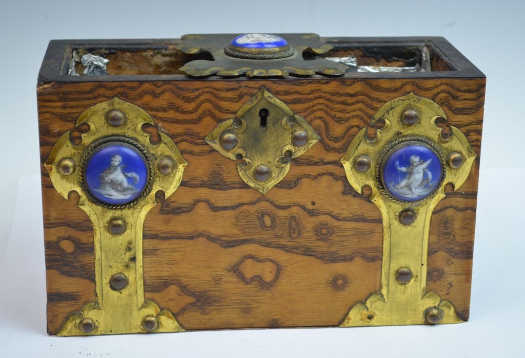 English Tea Caddy Holder with Porcelain Decoration: Mark Howell James & Co. Measures 8'' × 3/5'' × 5''.