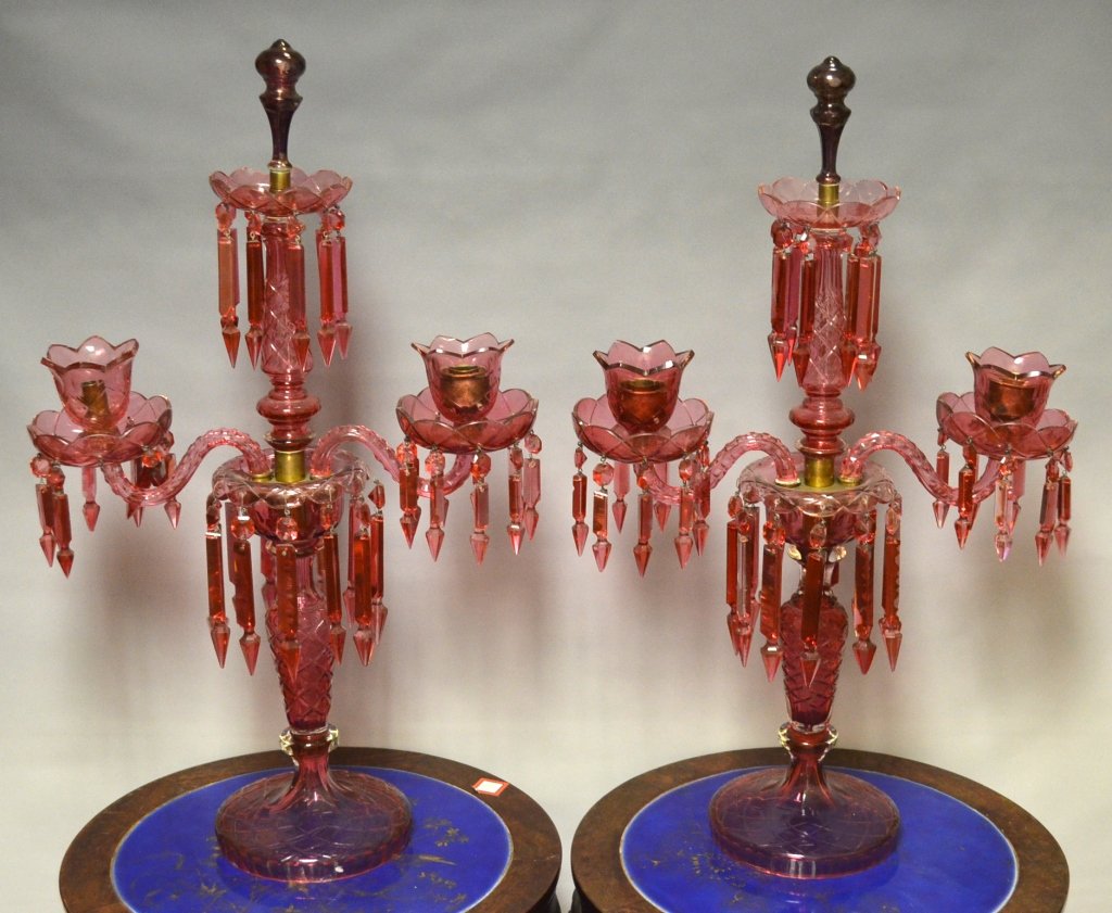 Pr. Bohemian 19th C. Cut Pink Crystal Candelabra (1 of 6)