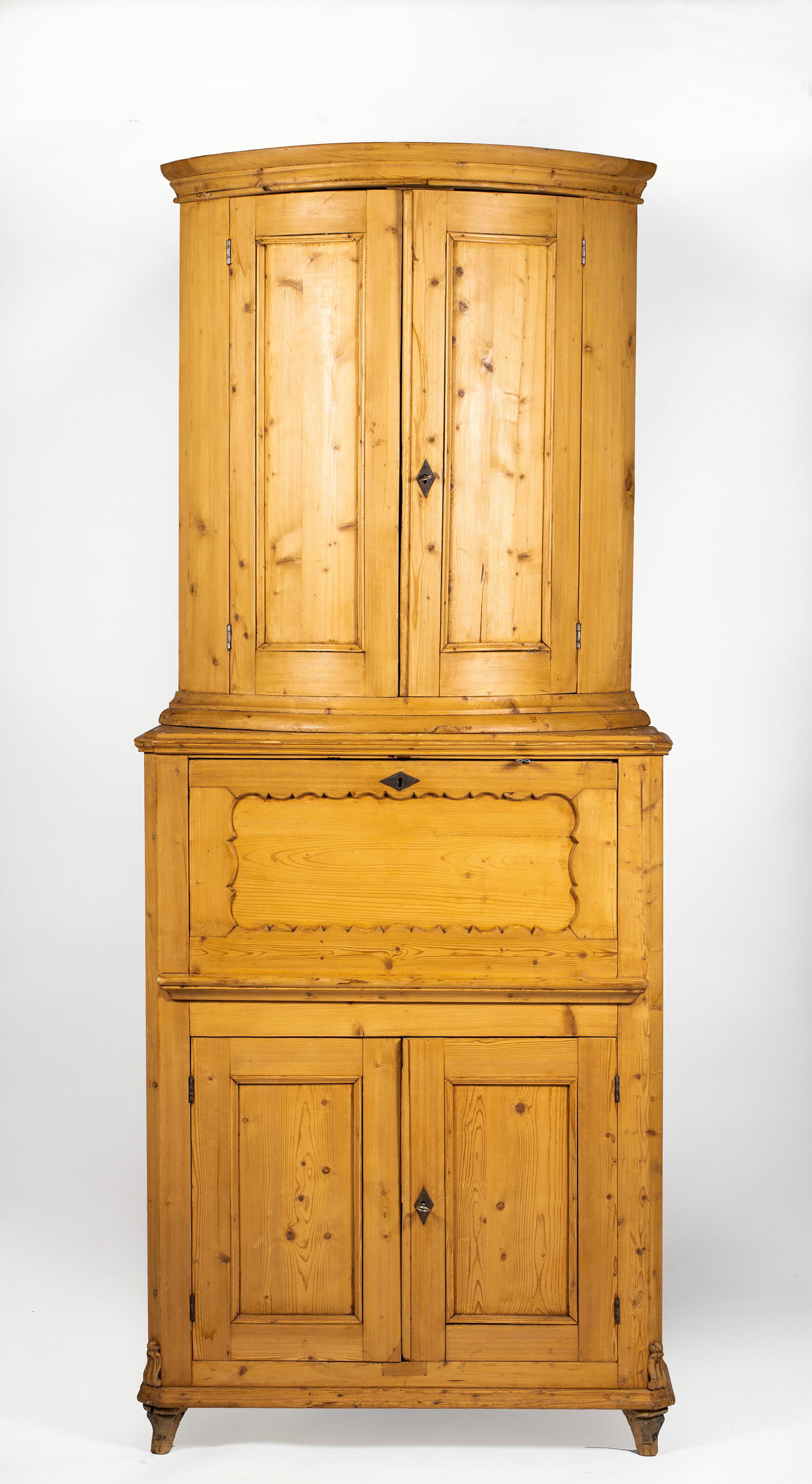 L19thC English Pine Two Part Secretary Desk Corner: L19thC English Pine Two Part Secretary Desk Corner Cupboard, An unusual form having a 1/2 round double door secretary top over a rectangular front fold down desk over a two door flat panel cupboard ba