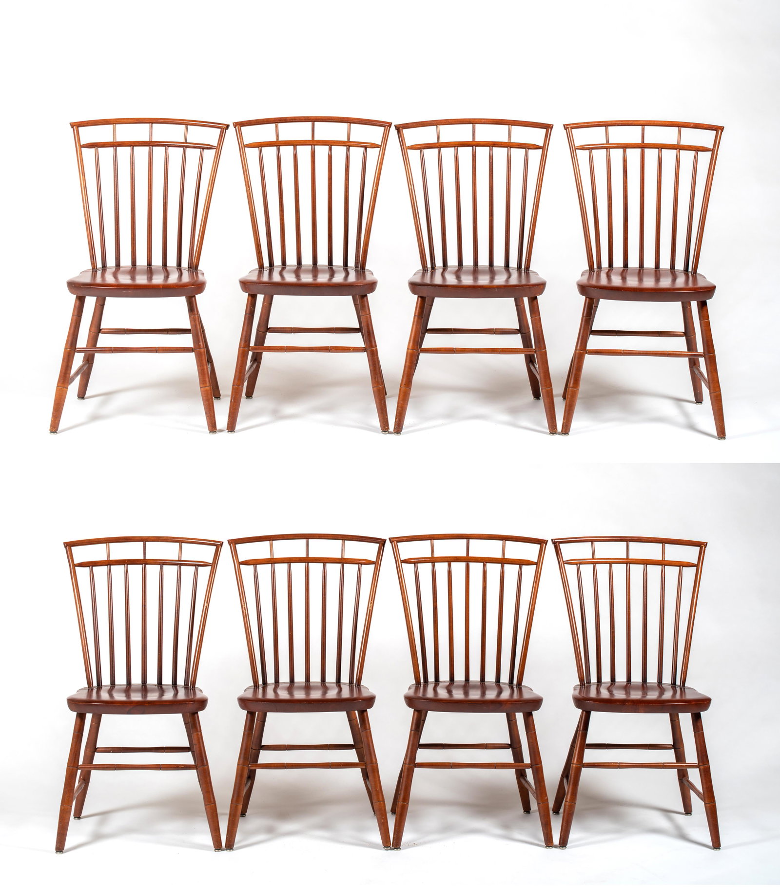 Set of Eight Reproduction "Hagerty" Birdcage Windsor: Set of Eight Reproduction "Hagerty" Birdcage Windsor Side Chairs, The classical form with a spindle back with a birdcage crest, plank seat and bamboo box stretcher base, branded on the seat bottom "Co