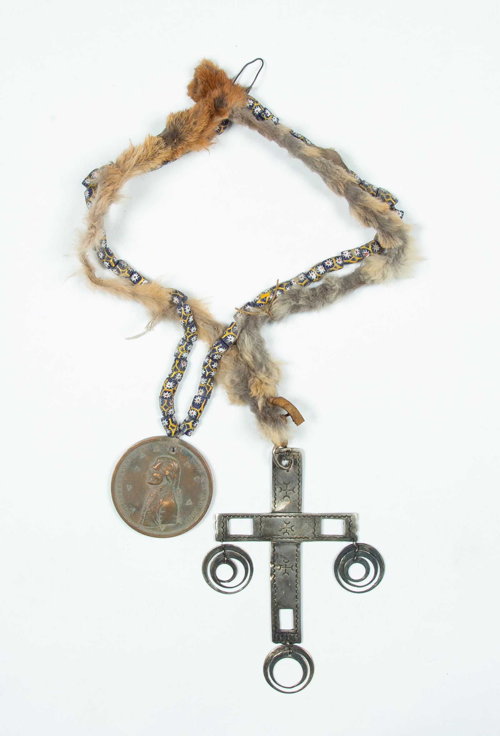 Native American Double Necklace with Peace Medal and: Native American Double Necklace with Peace Medal and Cross, They appear to have been worn together. A) One having a 3" diameter Thomas Jefferson, President, bronze peace medal suspended by multi color