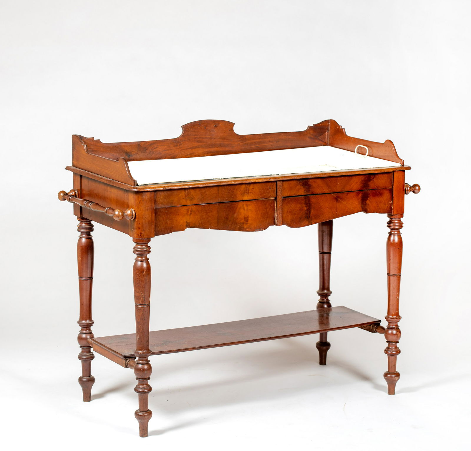 English 19thC Mahogany Dry Sink: English 19thC Mahogany Dry Sink, The top section is constructed with an inset two include pan 3" deep with a three sided shaped splash border, side towel handles and two shallow drawers below, support