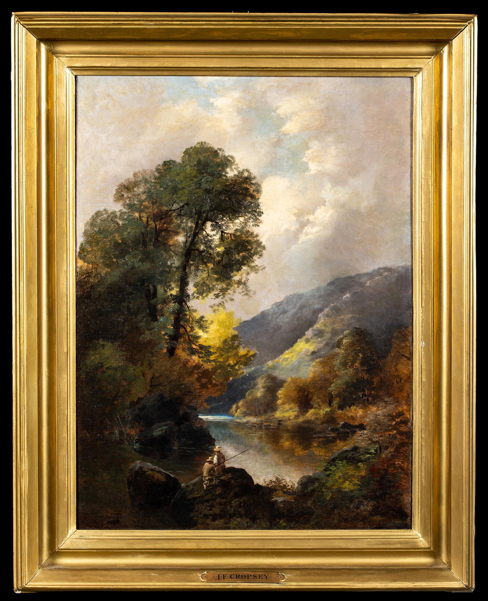 Hudson River School Fall Landscape Painting: Hudson River School Fall Landscape Painting, Oil on canvas painting of two fishermen standing on a ridge overlooking a lake or river in the mountains, unsigned, 22" tall x 16" wide, lined with a new s