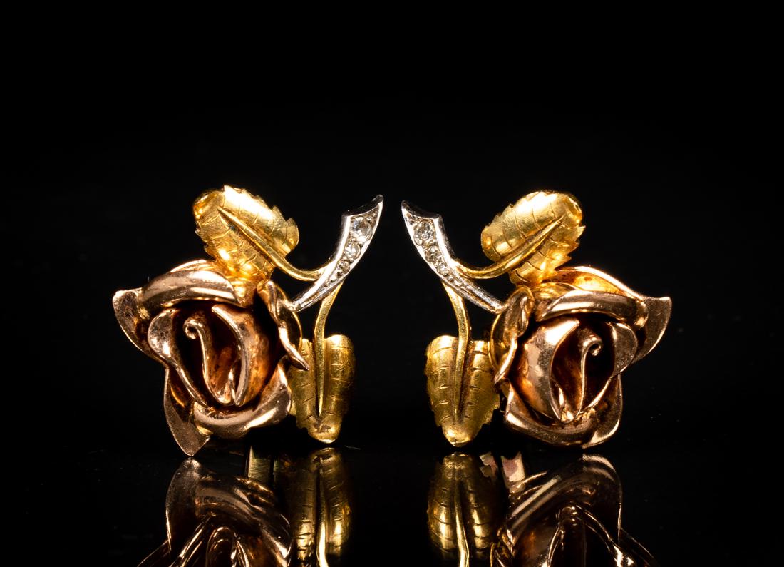 Cartier Rose Form Clip Earrings: Cartier Rose Form Clip Earrings, In mixed tone unmarked gold with old cut accents to stem, “Cartier” marking on back of each clip with some wear to name, serial #18571, total weight of app