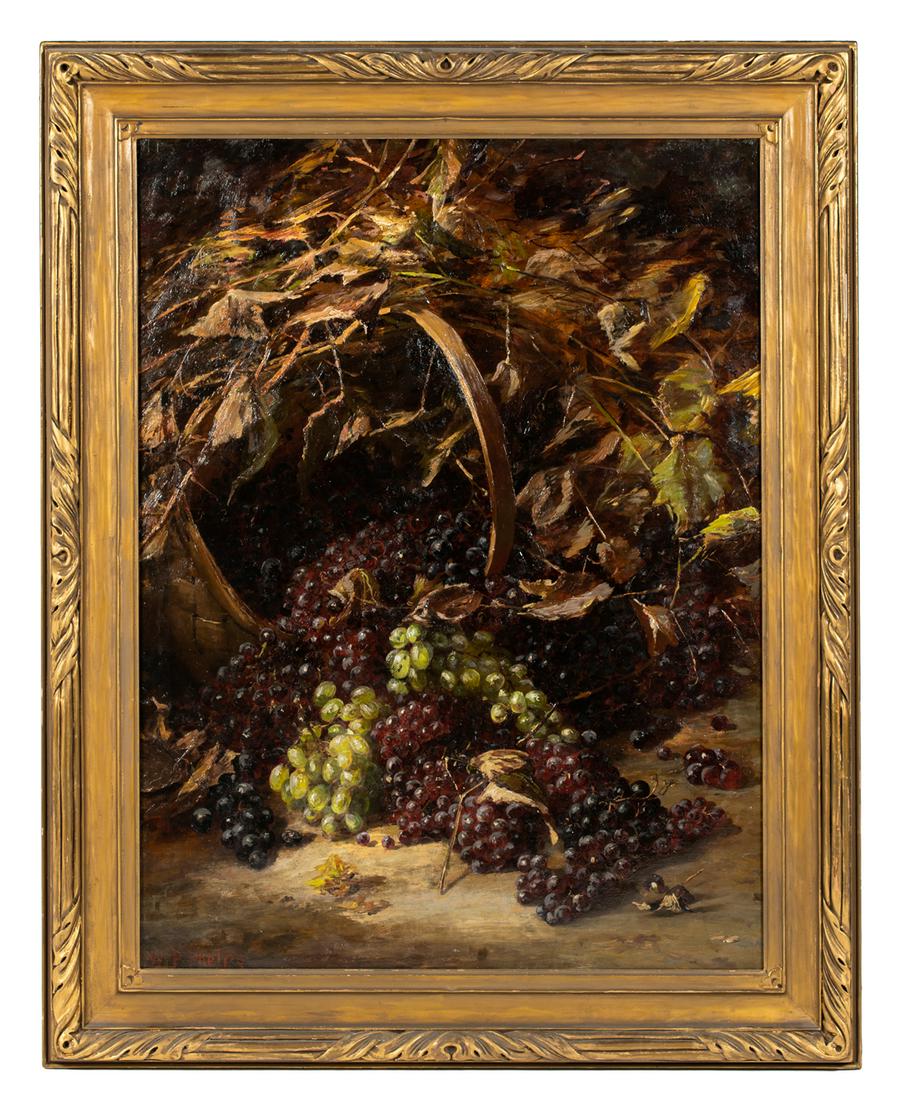 William Preston Phelps, Mass./ New Hampshire: William Preston Phelps, Mass./ New Hampshire (1848-1923), Oil on canvas still life painting of a basket of grapes, signed in red lower left "W.P. Phelps", original "Fisk and Spaulding", Lowell, Mass s
