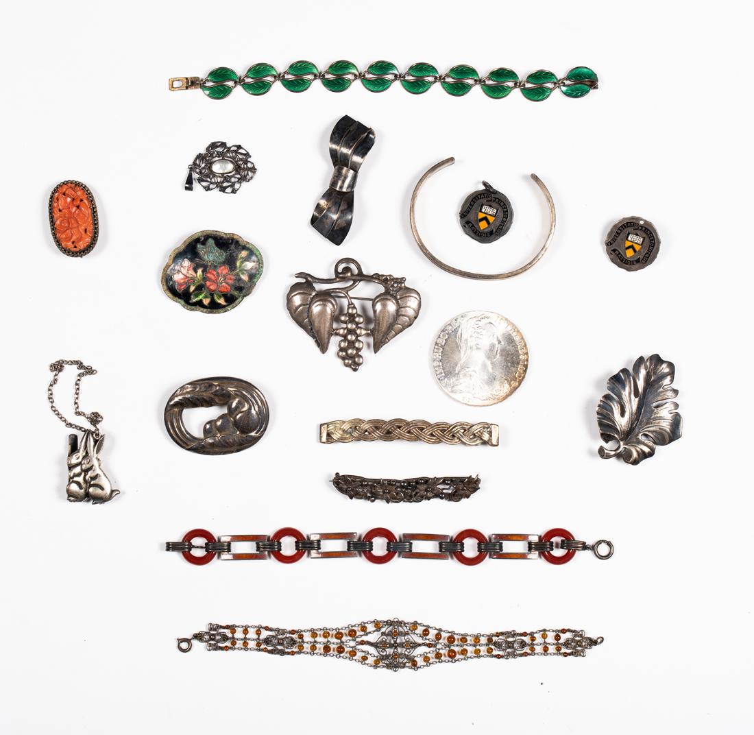 Large Lot of Scandinavian and Other Sterling Silver: Large Lot of Scandinavian and Other Sterling Silver, Two marked bracelets with enamel details, bunny sweater clips, one braided barrette, one bangle cuff, Georg Jensen brooch, Mary Gage long pin, two 