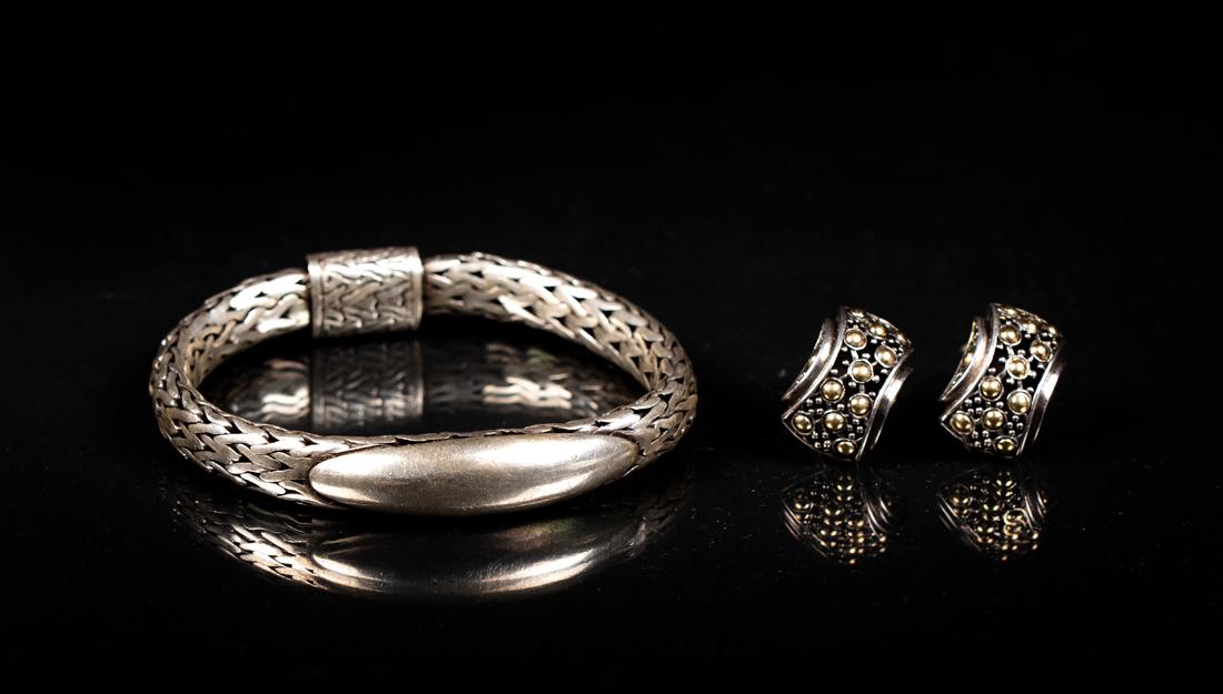 John Hardy Earrings with Indonesian Bracelet: John Hardy Earrings with Indonesian Bracelet, Earrings marked "JH', "925, 18k" feature oxidized open work sterling with 18k dot accents, about 1 1/2" long, pierced earrings. Chunky sterling bracelet w