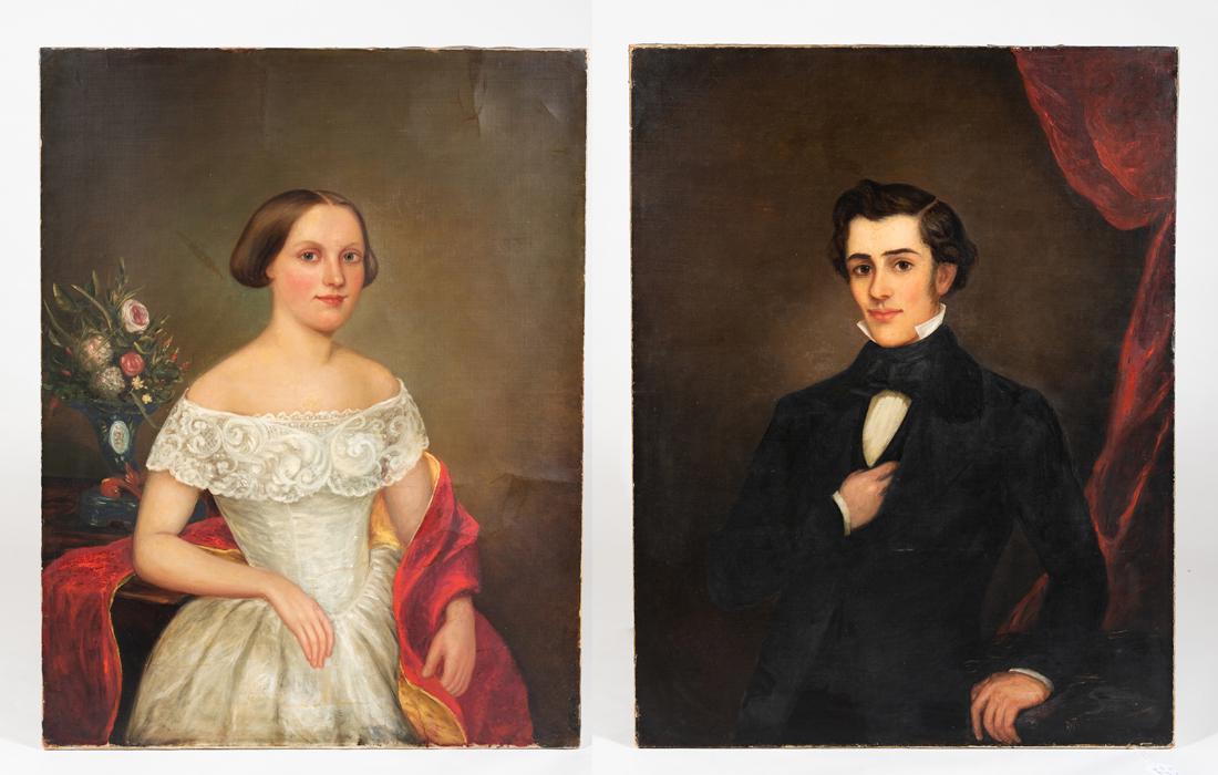Pair of American E19thC Portrait Paintings: Pair of American E19thC Portrait Paintings, Large size, 44 1/2" x 34", oil on canvas paintings of husband and wife, unsigned and unframed, originally resided in a Cape Cod, Massachusetts home, both cl