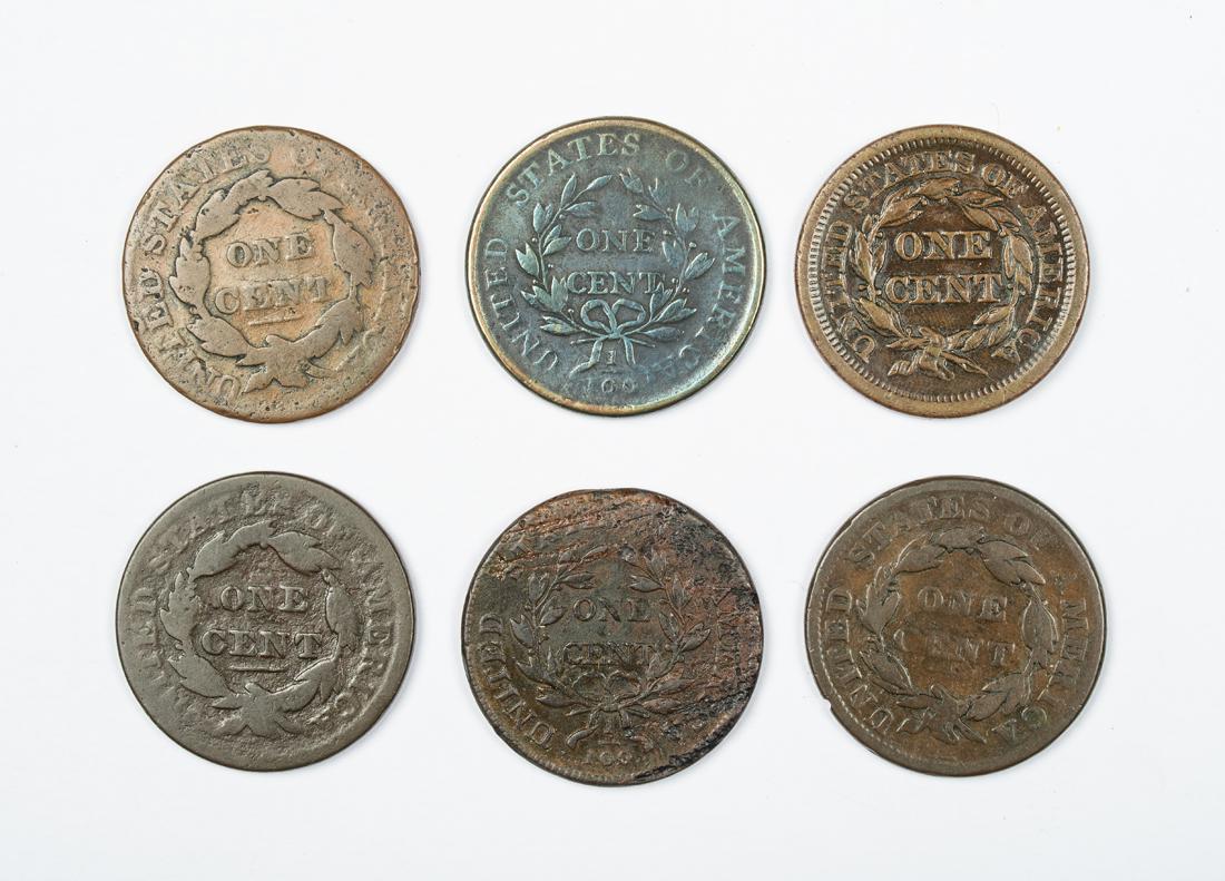 Six Large Cents: Six Large Cents, 1798, 1803, 1823, 1832, 1836, 1853, all have problems. Estimate: $80 - $150