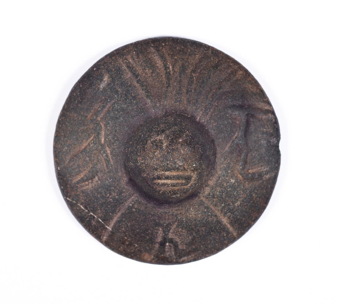 Rare Carved "Tairona" Stone Disc Constellation: Rare Carved "Tairona" Stone Disc Constellation Decoration, The stone is 3 1/4" diameter, the top side with a double dome, the center being a face and surrounded on the next level with unknown glyphics