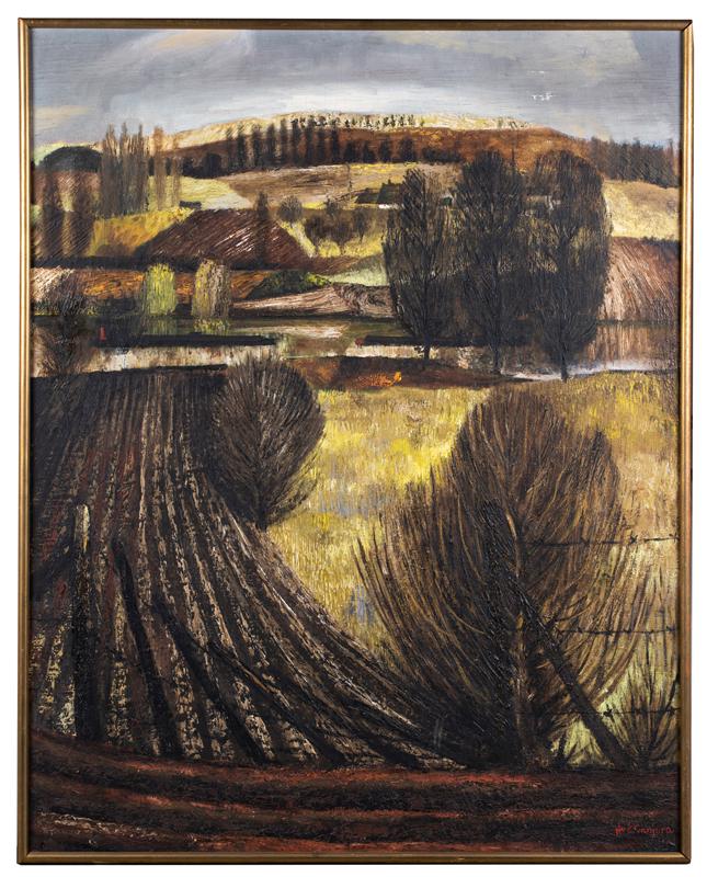 Noe Canjura, France, El Salvador (1922-1970): Noe Canjura, France, El Salvador (1922-1970), Oil on canvas landscape painting of hills and farmland, signed lower right "Noe Canjura", 36" x 29", set in a thin gold frame, minor loss in sky otherwise