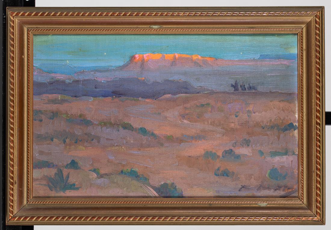 Early Morning Southwestern Landscape Painting: Early Morning Southwestern Landscape Painting, Oil on artist board painting of landscape with horse and riders and distant mountains, 9 1/2" x 15", set in a molded wood frame of the period, signed low