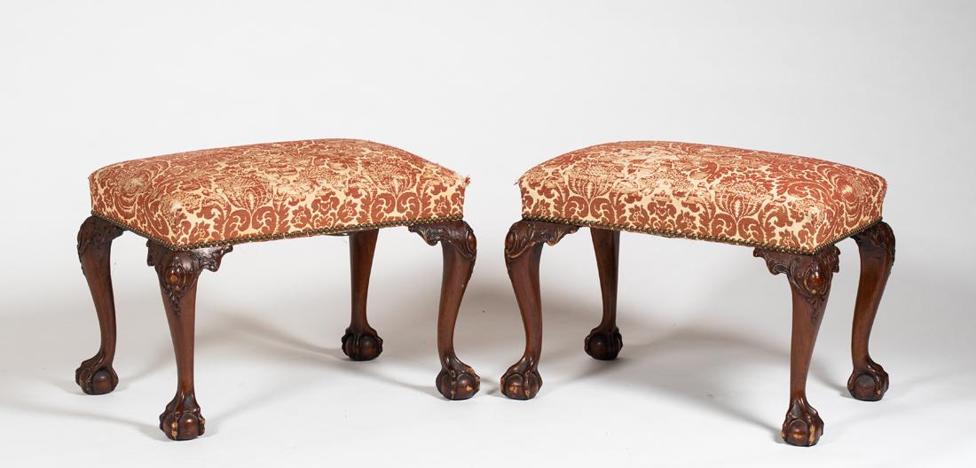 Pair of Chippendale Style Mahogany Upholstered Foot: Pair of Chippendale Style Mahogany Upholstered Foot Stools, Each with an over upholstered rectangular frame supported by four cabriole legs ending in ball and claw feet and shell and leaf carved knees