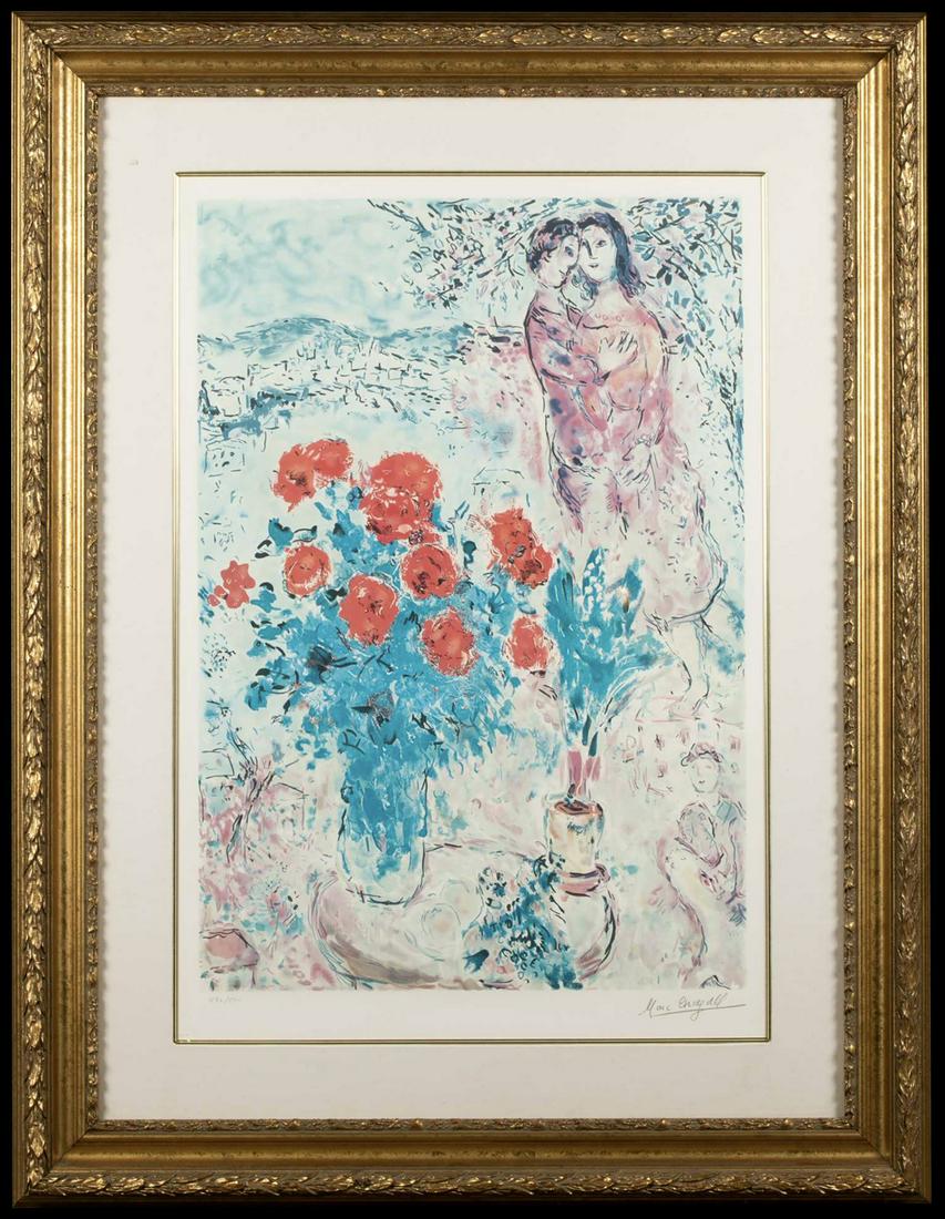 After Marc Chagall, NY, France, Russian Federation,: After Marc Chagall, NY, France, Russian Federation, (1887-1985), Limited edition print 492/500 signed in pencil lower right "Marc Chagall", couple in garden with vase of flowers, 31 1/4" x 21 1/2" sig