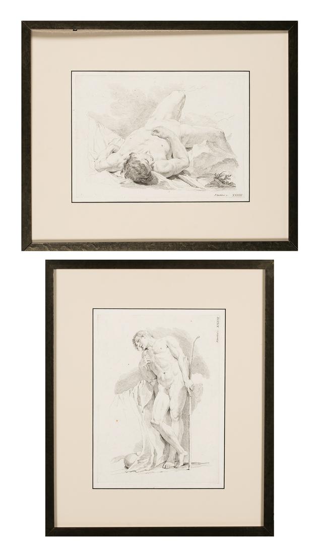 After Francesco Bartolozzi, Italian (1727-1815): After Francesco Bartolozzi, Italian (1727-1815), Two etchings of academic nudes, 9 1/2" x 12 3/4" sight matted and framed as a pair, block signed lower right "F Bartolozzi XXXIII and XXXVII", good cle